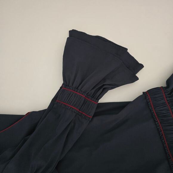 GANNI Navy Blue Poplin Midi Dress M Ruffle Embroidered Boho Luxury Minimalist - Picture 14 of 15